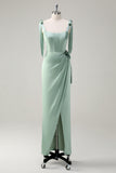 Sage Corset Convertible Straps Sheath Bridesmaid Dress with Slit