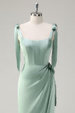 Sage Corset Convertible Straps Sheath Bridesmaid Dress with Slit