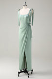 Sage Corset Convertible Straps Sheath Bridesmaid Dress with Slit