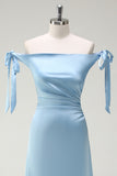 Sky Blue Sheath Off the Shoulder Bow Satin Bridesmaid Dress