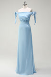 Sky Blue Sheath Off the Shoulder Bow Satin Bridesmaid Dress