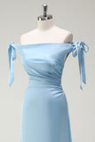 Sky Blue Sheath Off the Shoulder Bow Satin Bridesmaid Dress