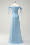 Sky Blue Sheath Off the Shoulder Bow Satin Bridesmaid Dress