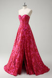 Fuchsia Floral Jacquard Sweetheart Princess Long Corset Prom Dress with Slit