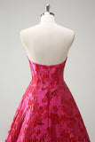 Fuchsia Floral Jacquard Sweetheart Princess Long Corset Prom Dress with Slit