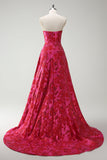 Fuchsia Floral Strapless A-Line Long Prom Dress