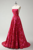 Fuchsia Floral Strapless A-Line Long Prom Dress