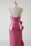 Metallic Fuchsia Ruched Detachable Straps Prom Dress with Ruffled Slit