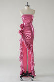 Metallic Fuchsia Ruched Detachable Straps Prom Dress with Ruffled Slit