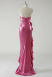 Metallic Fuchsia Ruched Detachable Straps Prom Dress with Ruffled Slit