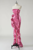 Metallic Fuchsia Ruched Detachable Straps Prom Dress with Ruffled Slit