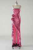 Metallic Fuchsia Ruched Detachable Straps Prom Dress with Ruffled Slit