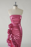 Metallic Fuchsia Ruched Detachable Straps Prom Dress with Ruffled Slit