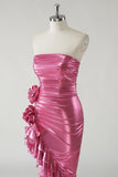 Metallic Fuchsia Ruched Detachable Straps Prom Dress with Ruffled Slit