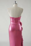 Metallic Fuchsia Ruched Detachable Straps Prom Dress with Ruffled Slit