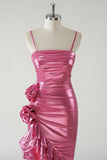 Metallic Fuchsia Ruched Detachable Straps Prom Dress with Ruffled Slit