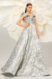 Light Blue A Line Floral Backless Floor Length Dress