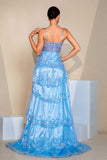 Blue Corset Tiered A Line Slit Floor Length Dress with Appliques