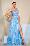 Blue Corset Tiered A Line Slit Floor Length Dress with Appliques