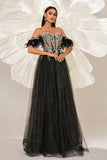 Glitter Black Corset Off The Shoulder A Line Maxi Dress with Appliques