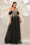 Glitter Black Corset Off The Shoulder A Line Maxi Dress with Appliques