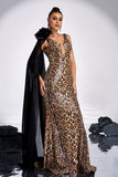 Coffee Leopard Mermaid Floor Length Dress with One Shoulder Cape