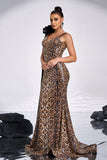 Coffee Leopard Mermaid Floor Length Dress with One Shoulder Cape