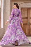 Purple A Line V Neck Long Sleeve Floral Maxi Dress