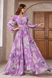 Purple A Line V Neck Long Sleeve Floral Maxi Dress