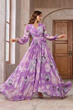 Purple A Line V Neck Long Sleeve Floral Maxi Dress