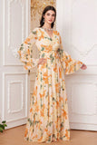 Floral Yellow A Line V Neck Bell Sleeve Maxi Dress with Slit