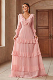 Pink Tiered Chiffon A Line Ruffle Maxi Dress with Long Sleeves