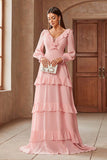 Pink Tiered Chiffon A Line Ruffle Maxi Dress with Long Sleeves