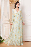 Light Green V Neck Long Sleeve Pleated Floral Maxi Dress with Slit