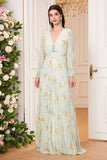 Light Green V Neck Long Sleeve Pleated Floral Maxi Dress with Slit