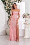 Sparkly Pink Off The Shoulder Sheath Maxi Dress with Slit