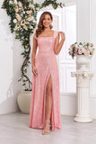 Sparkly Pink Off The Shoulder Sheath Maxi Dress with Slit