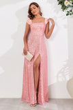 Sparkly Pink Off The Shoulder Sheath Maxi Dress with Slit