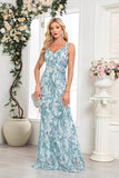 Blue Sleeveless Mermaid Sequined Maxi Dress