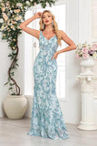 Blue Sleeveless Mermaid Sequined Maxi Dress