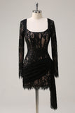 Black Corset Lace Mini Dress with Long Sleeves