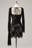 Black Corset Lace Mini Dress with Long Sleeves