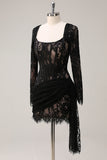 Black Corset Lace Mini Dress with Long Sleeves