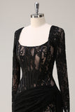 Black Corset Lace Mini Dress with Long Sleeves