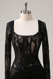 Black Corset Lace Mini Dress with Long Sleeves