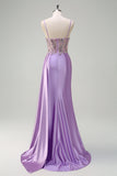 Purple Mermaid Satin Beaded Corset Prom Dress with Slit