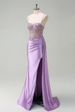 Purple Mermaid Satin Beaded Corset Prom Dress with Slit