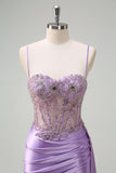 Purple Mermaid Satin Beaded Corset Prom Dress with Slit