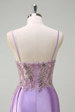 Purple Mermaid Satin Beaded Corset Prom Dress with Slit