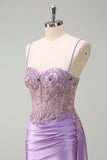 Purple Mermaid Satin Beaded Corset Prom Dress with Slit